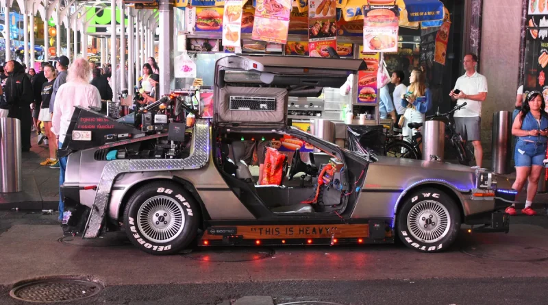 A replica DeLorean time machine car on display in Times Square, New York