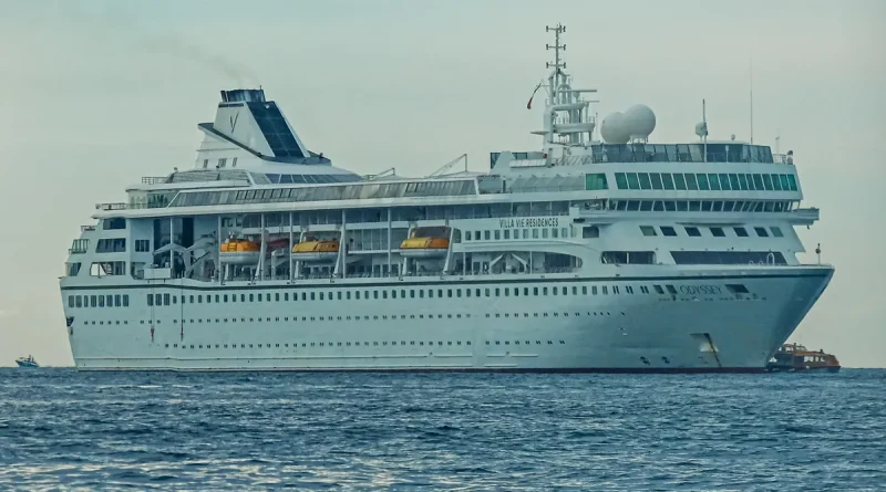 The white cruise ship Villa Vie Odyssey at sea on a calm day